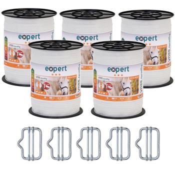 5x VOSS.farming Tape 200 m, 40 mm, 9x0,16 STST, White (Incl. 5 Connectors & Warning Sign)