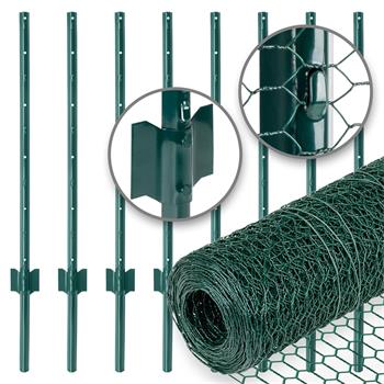 Set: VOSS.farming Wire Netting 10mx50cm, 13x25mm, Green + 8x U-Profile Metal Fence Posts, 87cm