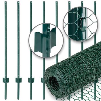 Set: VOSS.farming Wire Netting 10mx100cm, 13x25mm, Green + 8x U-Profile Metal Fence Posts, 137cm