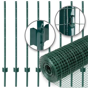 Set: VOSS.farming Wire Mesh 10mx100cm, 12.7x12.7mm, Green + 8x U-Profile Metal Fence Posts, 137cm