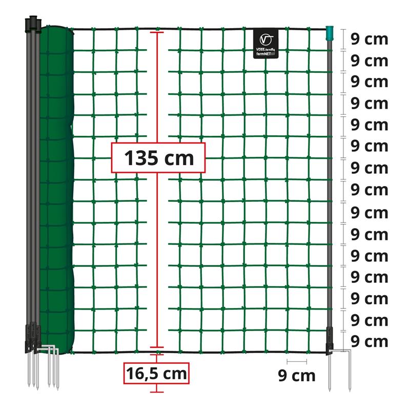 Height 135cm 9 NETmaster Posts VOSS.farming farmNET 25m Premium NON-ELECTRIC Poultry Fence Netting Green 2 Spikes